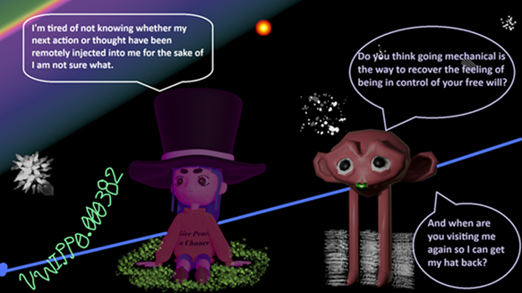 VWComingBackToReturnMyHat_Small - An image depicting Verita and its friend staring at question mark.